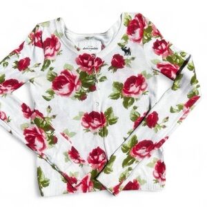 Y2K Abercrombie & Fitch White Cardigan with Red Rose and Green Leaf Print